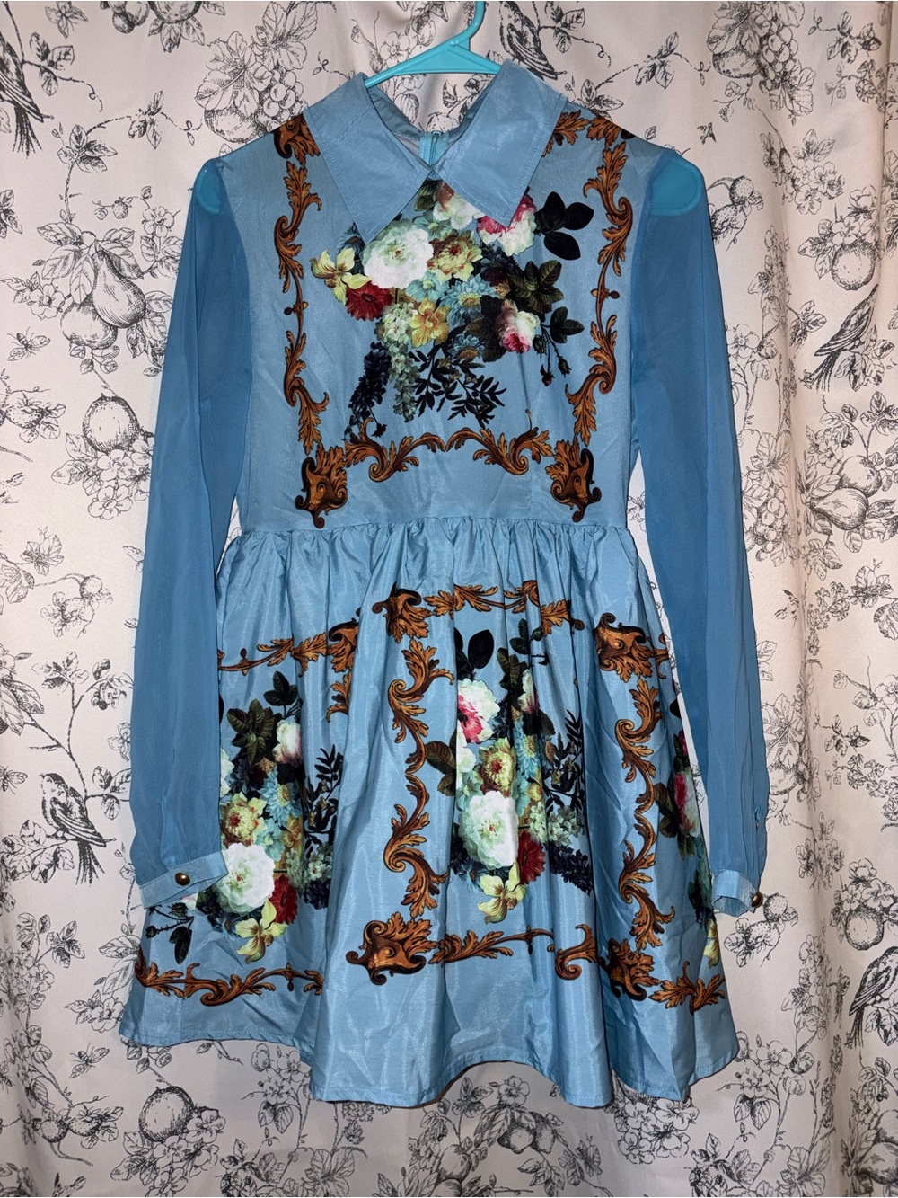 Vintage Blue Floral Baroque-Print Long-Sleeve Dress